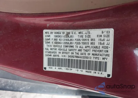 2004 Honda Cr-V Ex from USA, damaged, VIN SHSRD78844U205013